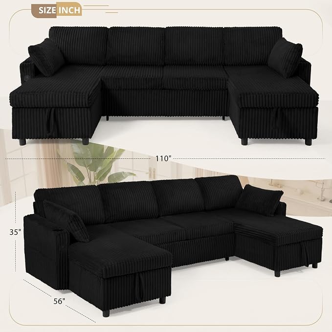 110" Corduroy U-Shape Sofa Bed with Adjustable Backrests, Upholstered Pull Out Sofa Bed with USB Ports, Convertible Sectional Sleeper Couch with Storage Chaise for Living Room, House, Black