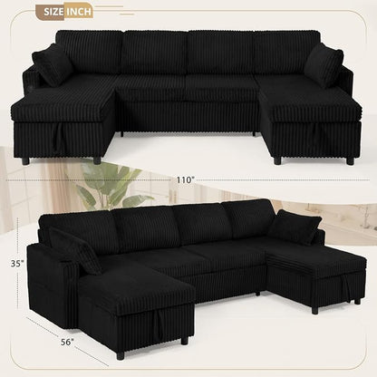 110" Corduroy U-Shape Sofa Bed with Adjustable Backrests, Upholstered Pull Out Sofa Bed with USB Ports, Convertible Sectional Sleeper Couch with Storage Chaise for Living Room, House, Black