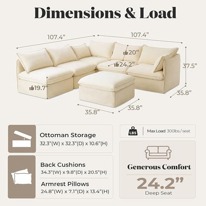 Cloud Modular Corner Sectional, Oversized Deep Seat Comfort, Luxe Chenille | Fully Removable Washable Covers, Memory Foam Seat Cushions, Storage Ottoman, Premium Fabric