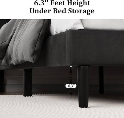 CXVX King Size Platform Bed Frame with Upholstered Velvet Button Tufted Headboard, Mattress Foundation with Wooden Slat Support, No Box Spring Needed, Easy Assembly, Noise Free, Black.