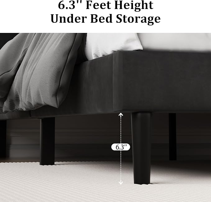 CXVX Queen Size Platform Bed Frame with Upholstered Velvet Button Tufted Headboard, Mattress Foundation with Wooden Slat Support, No Box Spring Needed, Easy Assembly, Noise Free, Black