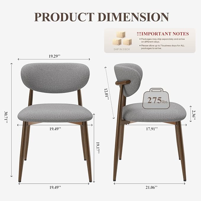 MALOL Dining Chairs Set of 6, Curved Back Kitchen Room Chairs with Metal Legs and Anti Slip Pads, Upholstered Dining Chair for Home and Restaurant, Light Grey