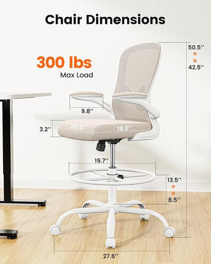 ErGear Drafting Chair,Tall Office Chair with Flip-Up Armrests, High Desk Chair Adjustable Height and Adjustable Footrest Ring, Ergonomic Standing Desk Chair with Lumbar Support, Khaki,6 Pack