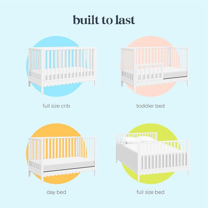 Davinci Sammy Scallop 4-in-1 Baby Crib & Mattress Bundle - White | Low-Profile Crib Convertible to Toddler Bed, Daybed, Full Bed - Easy to Assemble - Includes Mattress w/ Waterproof Cover