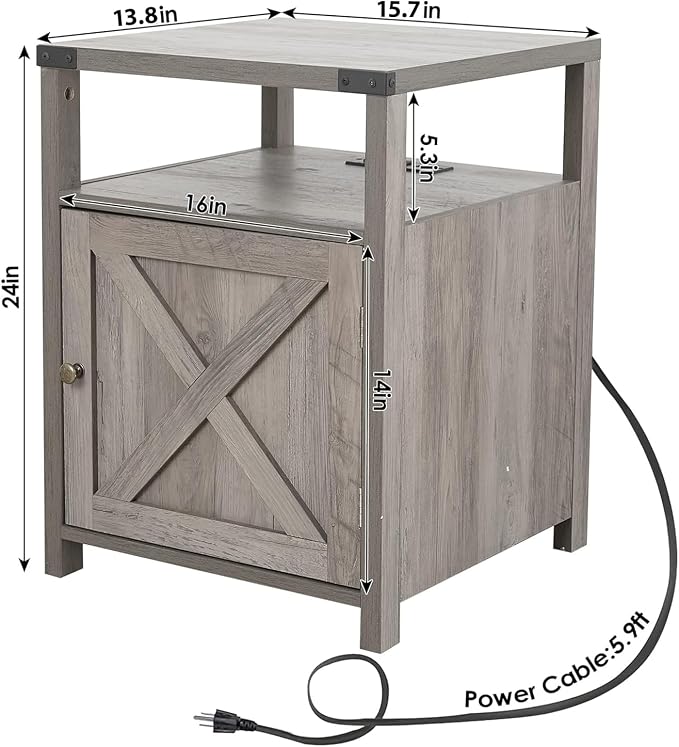 Farmhouse Nightstand Set of 2 with Charging Station, Rustic End Table Bedroom with Storage Living Room Side Table Dark Oak Night Stand Industrial Bedside Bed Table with USB Ports and Outlets