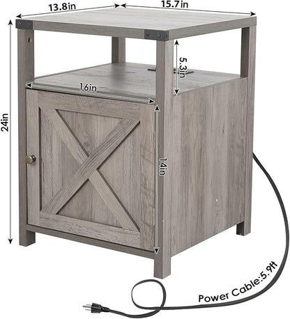 Farmhouse Nightstand Set of 2 with Charging Station, Rustic End Table Bedroom with Storage Living Room Side Table Dark Oak Night Stand Industrial Bedside Bed Table with USB Ports and Outlets