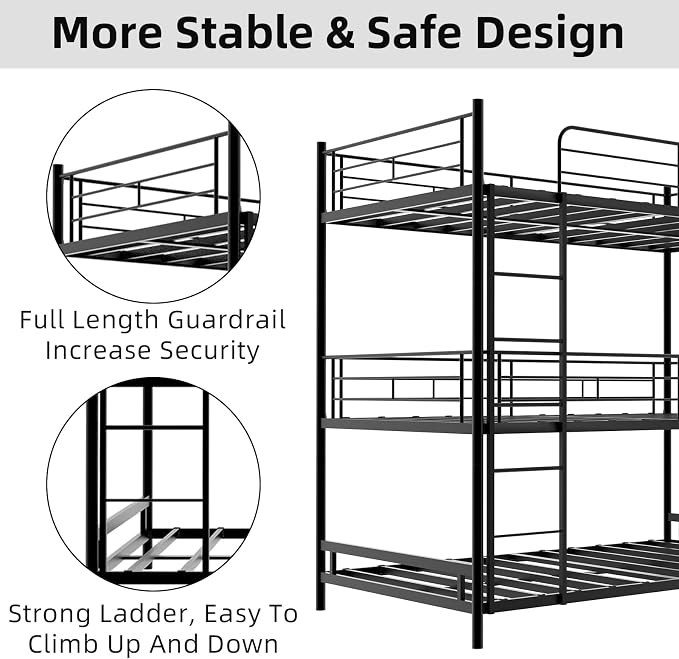 Triple Bunk Bed, Twin Over Twin Heavy Duty Metal 3 Bunk Beds with Safety Guardrails and Dual Ladders, Metal Bunk Bed for 3, Convertible to 3 Beds for Teens & Adults, Black | triple bunk beds
