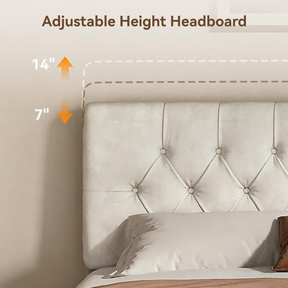 Queen Size Bed Frame with Headboard, Luxury Velvet Fabric Upholstered Bed frame with Button Tufted Design, Strong Wooden Slats Support - Low & Sturdy, Noise-Free, No Box Spring, Easy Assembly, Beige | Plush velvet
