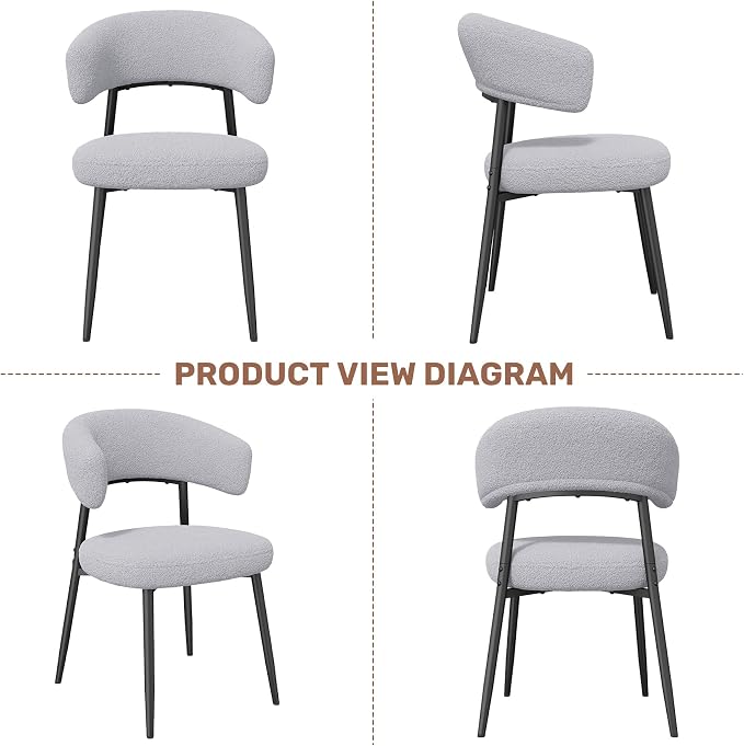 Dining Chairs Set of 4, Mid Century Modern Dining Chairs, Boucle Upholstered Kitchen Chair with Curved Backrest & Metal Legs for Dining Room, Grey