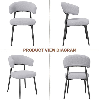 Dining Chairs Set of 4, Mid Century Modern Dining Chairs, Boucle Upholstered Kitchen Chair with Curved Backrest & Metal Legs for Dining Room, Grey