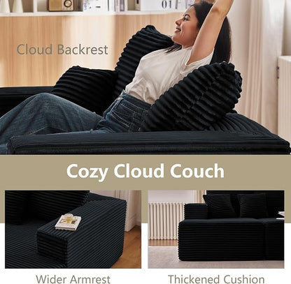 140" L Shaped Cloud Sectional Couch for Living Room, Modular Floor Deep-Seat Sofa, Big Comfy Corduroy Couches Set with Fluffy Memory Foam for Living Room Bedroom, No Assembly Required, Black