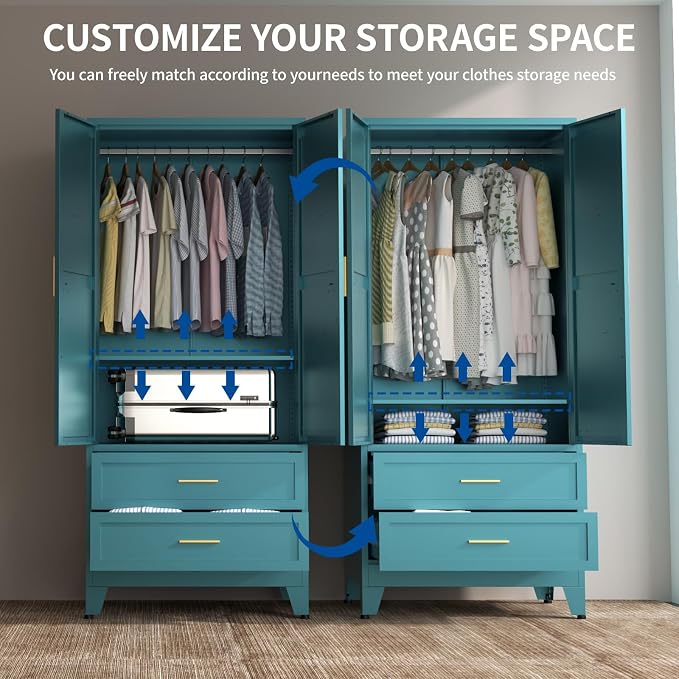 Steel Armoire Wardrobe Closet, 71" Metal Clothing Storage Cabinets with 2 Doors, 2 Drawers and 1 Adjustable Shelf, Blue Wardrobe Cabinet with Hanging Rod for Bedroom, Gym