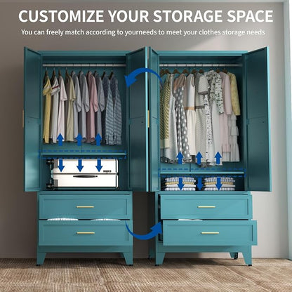 Steel Armoire Wardrobe Closet, 71" Metal Clothing Storage Cabinets with 2 Doors, 2 Drawers and 1 Adjustable Shelf, Blue Wardrobe Cabinet with Hanging Rod for Bedroom, Gym