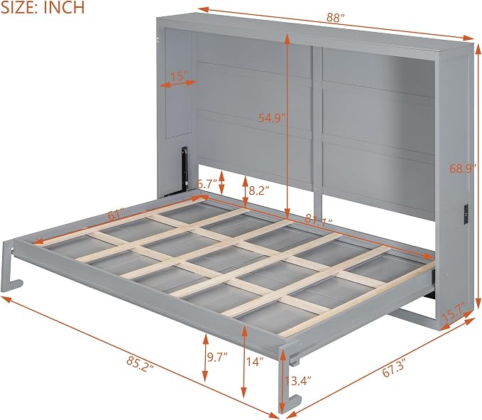 Ball & Cast Queen Size Murphy Bed with Charging Station and Slat Support,Wood Hideaway Cabinet Platform Beds w/Leg & Lock,can be Folded,Space-Saving,for Small Room,Dorms,Gray