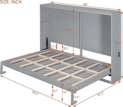Ball & Cast Queen Size Murphy Bed with Charging Station and Slat Support,Wood Hideaway Cabinet Platform Beds w/Leg & Lock,can be Folded,Space-Saving,for Small Room,Dorms,Gray