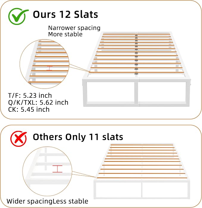 King Size Bed Frame, 14 Inch Metal Platform Bed Frames with Squeak Free U-Slot Design, 6 Non-Slip Guards, 3500lbs Heavy Duty Steel Slat Support, No Box Spring Needed, Under Bed Storage, White