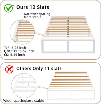 King Size Bed Frame, 14 Inch Metal Platform Bed Frames with Squeak Free U-Slot Design, 6 Non-Slip Guards, 3500lbs Heavy Duty Steel Slat Support, No Box Spring Needed, Under Bed Storage, White