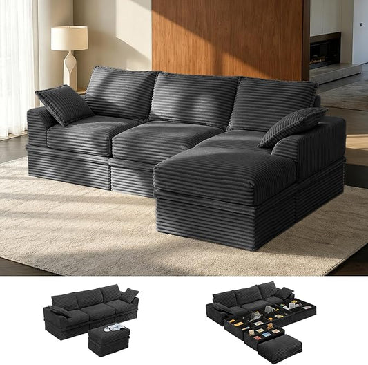 Upgrade Boneless Couch with Storage, Extra Deep&High Seat Modular Sectional Sofa 3 Seater L Shaped Cloud Couch with Ottoman, Tool-Free Assembly Sectional Couches for Living Room, Dark Grey
