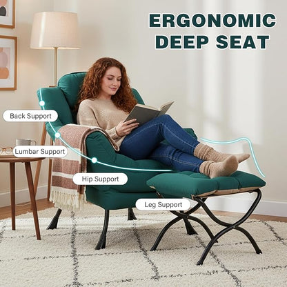 Lazy Chair with Ottoman, Modern Accent Chair Contemporary Sofa Chair with Armrests, Reading Chair and Folding Footstool Set for Living Room, Bedroom, Office