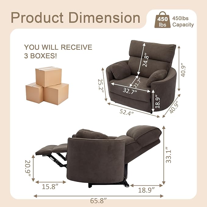 450lbs Oversized Power Recliner Chair, 53" Extra Wide Electric Recliner for Big and Tall Adults, Single Sofa with USB & Type-C Ports, Pillows, Chair for Living Room, Bedroom, Office (Brown)