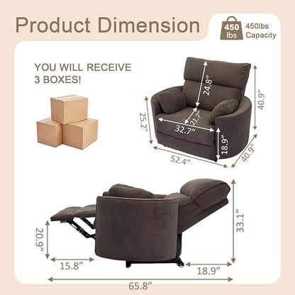 450lbs Oversized Power Recliner Chair, 53" Extra Wide Electric Recliner for Big and Tall Adults, Single Sofa with USB & Type-C Ports, Pillows, Chair for Living Room, Bedroom, Office (Brown)