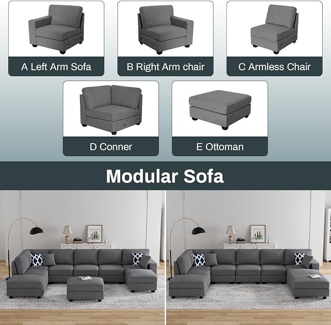 Legend Vansen Oversized Modular Sectional Sofa,U/L‑Shaped Reversible Couch with Ottoman,Deep Seat Plush Polyester Sofa for Living Room,9‑Seater,Dark Grey