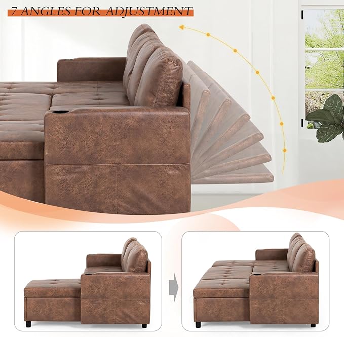 110 inches Suede Leather Sleeper Sofa w/Pull Out Bed, U-Shape Sectional Sofa Bed w/Adjustable Backrest and Storage Chaises, 4-Seats Upholstered Sofa Bed w/USB Port for Living Room, Brown