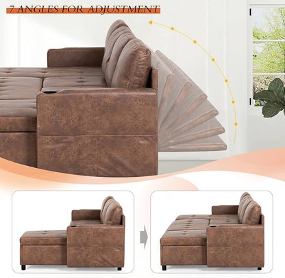 110 inches Suede Leather Sleeper Sofa w/Pull Out Bed, U-Shape Sectional Sofa Bed w/Adjustable Backrest and Storage Chaises, 4-Seats Upholstered Sofa Bed w/USB Port for Living Room, Brown