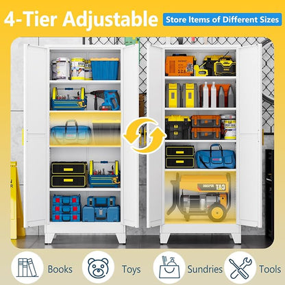 PAOFIN 71" Metal Storage Cabinet with 2 Doors and 4 Adjustable Shelves,White Metal Garage Storage Cabinets, File Cabinet,Steel Tool Cabinets for Home,Office,Garage,School,Warehouse