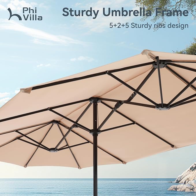 PHI VILLA 8 PCS Patio Dining Set with 13ft Large Patio Umbrella(Beige), 6 Outdoor Swivel Chairs & 1 Rectangle Metal Table for 6 Person, Patio Dining Fruniture Set for Lawn Garden(No Umbrella Base)