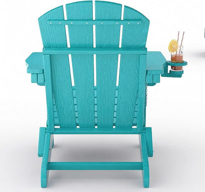 Garvee Folding Adirondack Chair Set of 2 with Side Table, HDPE Outdoor Patio Chair with Cup Holder, All Weather Resistent Wooden Textured for patios, Decks, Gardens, fire Pit, Lake Blue