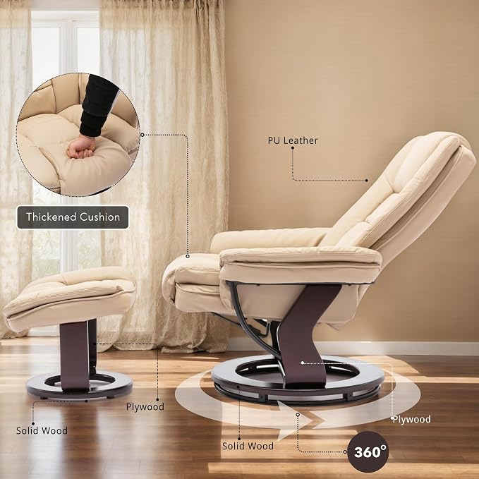 Argus Swivel Recliner with Ottoman, PU Leather & Wood Base Reclining Chair with Footrest, Ultra-Plush Double Foam for Living Room, Bedroom and Office, Set of 1