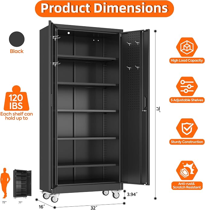 SUXXAN Metal Storage Cabinet with Wheels and Pegboard, 71" Tall Industrial Heavy Duty Steel Cabinet with 5 Adjustable Shelves & Locking Doors for Garage, Office, Pantry, Warehouse, Black