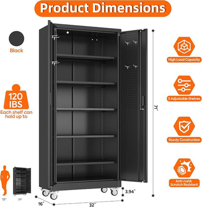 SUXXAN Metal Storage Cabinet with Wheels and Pegboard, 71" Tall Industrial Heavy Duty Steel Cabinet with 5 Adjustable Shelves & Locking Doors for Garage, Office, Pantry, Warehouse, Black