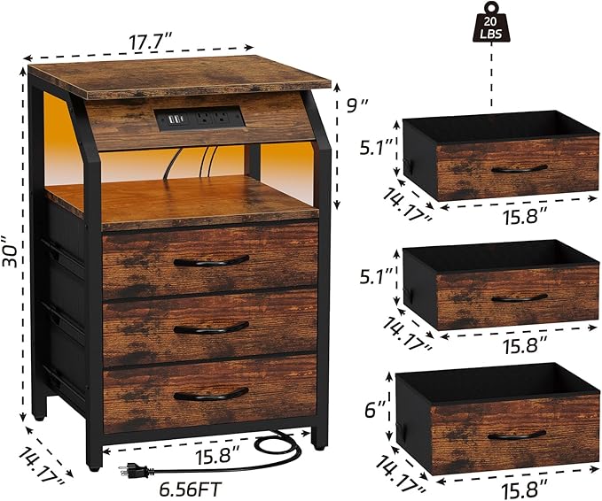 SZLHANJZ End Tables Set of 2, Nightstands with Charging Station and LED Lights, 3 Drawers Fabric Bedside Table, Storage Side Tables for Bedside, Living Room, Rustic Brown