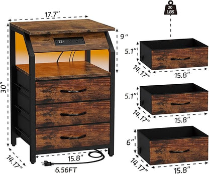 SZLHANJZ End Tables Set of 2, Nightstands with Charging Station and LED Lights, 3 Drawers Fabric Bedside Table, Storage Side Tables for Bedside, Living Room, Rustic Brown