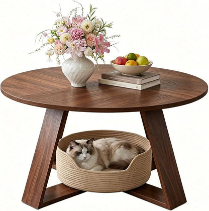 Round Coffee Table, 31.5" Modern Unique Farmhouse Coffee Table for Living Room with Walnut Wood Grain,Small Coffee Table with Open Storage, Circle Center Table with Cross Base,Rustic Brown