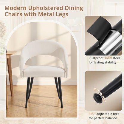 LUE BONA Modern Dining Chairs Set of 2, Upholstered Armrest Side Chairs for Kitchen & Dining Room, 18.5" Seat Height, Comfortable Curved Hollow Backrest, Black Metal Legs, Easy Assembly, Beige