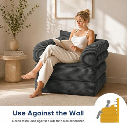 Folding Sofa Bed, Convertible Sleeper Chair with Armrests for Adults, Foldable Corduroy Boneless Bed, 3-in-1 Portable Futon Couch Floor Sofa with Pillow for Bedroom, Living Room, Dark Gray