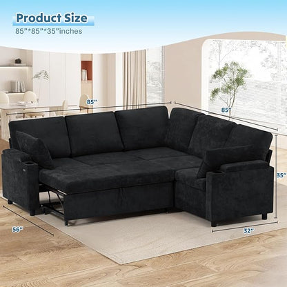 85" Chenille Sectional Sofa w/Pull Out Bed & Storage Space, Black | Upholstery L Shaped Couch w/Cup Holders, Modern Corner Sofa w/USB Charging Port & Throw Pillow for Living Room