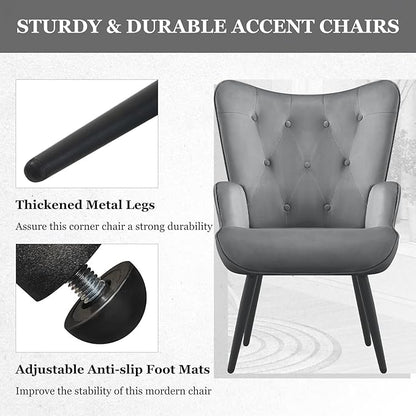 Furnimart Accent Chairs Set of 2, Grey Velvet Chair Reading Chair Armchair with High Backrest, Wingback Corner Chair Mid Century Modern Chair for Living Room, Bedroom, Waiting Room
