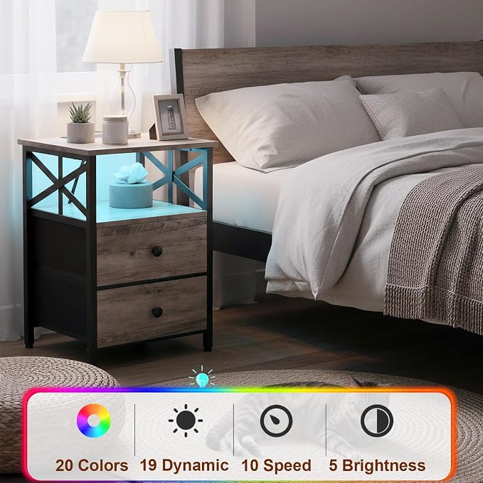 AMHANCIBLE Nightstands Set of 2 with Charging Station, LED Night Stand with 2 Storage Drawers, End Tables with USB Ports and Outlets, Modern Bedside Tables for Bedroom, Grey, HET052LGY
