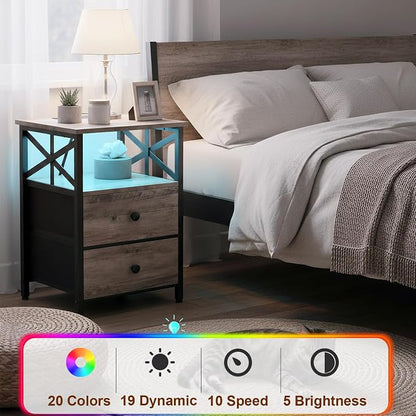 AMHANCIBLE Nightstands Set of 2 with Charging Station, LED Night Stand with 2 Storage Drawers, End Tables with USB Ports and Outlets, Modern Bedside Tables for Bedroom, Grey, HET052LGY