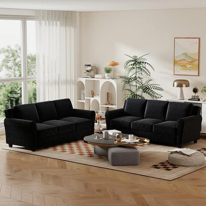 Bonzy Home 2 Piece Sofa Set, 3-Seater Sofa Couch Set of 2, Modern Comfy Sofa with Thick Cushion for Living Room Apartment Office, Black