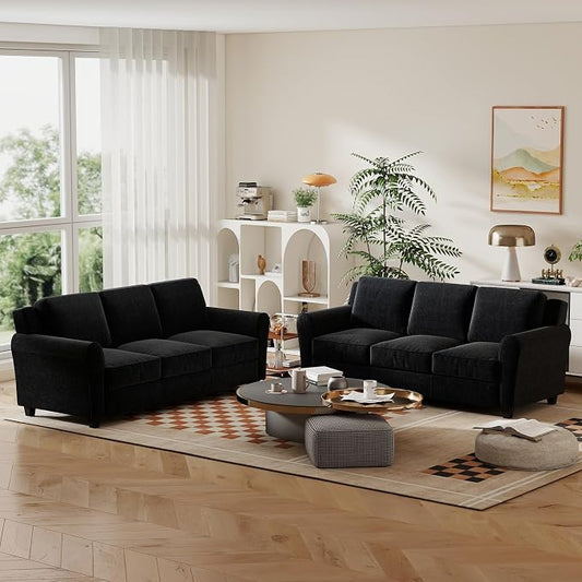 Bonzy Home 2 Piece Sofa Set, 3-Seater Sofa Couch Set of 2, Modern Comfy Sofa with Thick Cushion for Living Room Apartment Office, Black