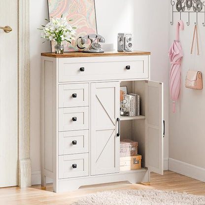 Vabches Farmhouse Storage Cabinet with 2 Doors and 5 Drawers, Freestanding Bathroom Cabinets Kitchen Pantry, Floor Storage Cabinet Hutch Cupboard for Living Room/Bathroom/Kitchen. Unique White