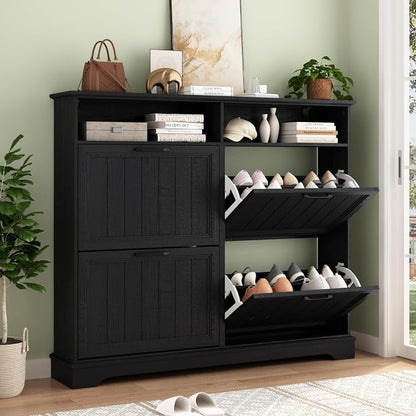 Shoe Storage Cabinet with 4 Flip Drawers, Farmhouse Modern Hidden Shoes Rack Cabinet with Adjustable Shelves & Open Storage, Narrow Slim Shoe Organizer for Front Door Entrance, Entryway, Hallway,Black