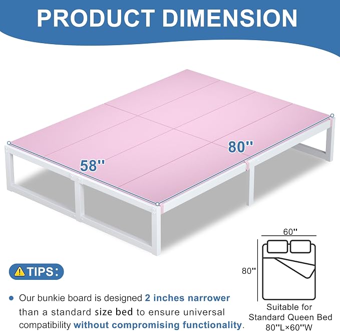 Lutown-Teen Bunkie Board Queen High-Density Polymer Bed Support Bunkie Board Queen Size Anti-Sag, Breathable, Moisture Resistant, Noise Minimizing, Pink
