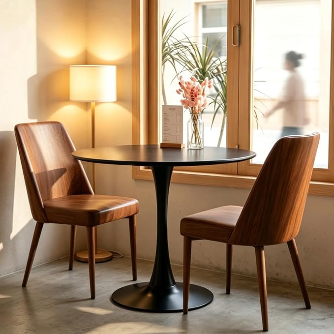 Round Dining Table, 27.6" Circle Tulip Table with Thickened Tabletop & Metal Pedestal, Mid Century Modern Bistro Table for Kitchen, Small Places, Living Room, Cafe (Black)