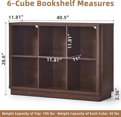 Joaxswe 6 Cube Bookcase, 40" Wide Low Horizontal Book Shelf w/Curved Edge, Wood Floor Standing 2-Tier Bookshelf with Base, Modern Short Storage Organizer for Bedroom,Office, Walnut
